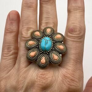 PREMIER DESIGNS "Turquoise" "Coral" Flower Stretch Ring Southwest Native NWOT